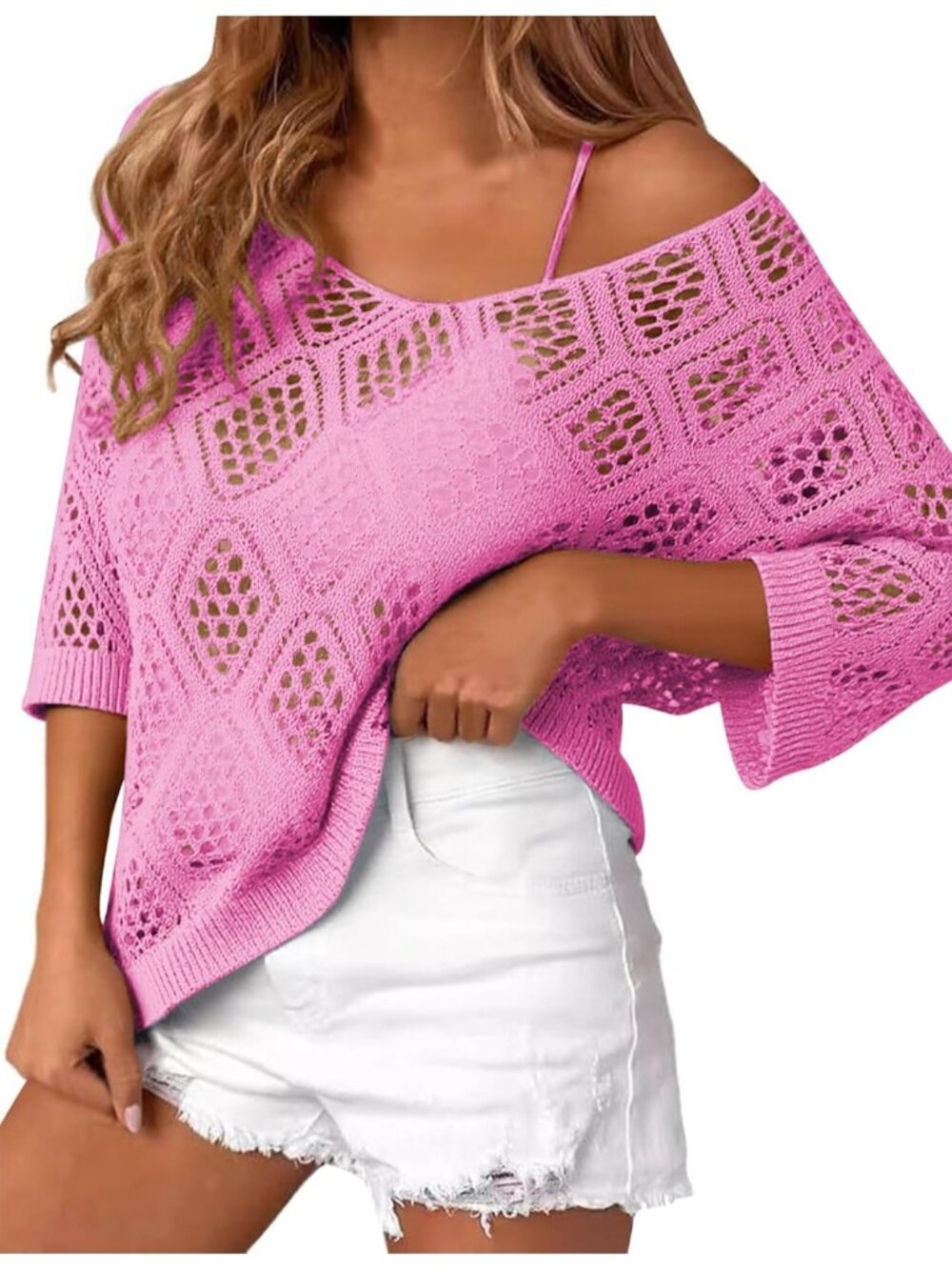 🆕Women's Pink Sleeve Crochet Tops Summer V Neck Beach Cover Ups Casual